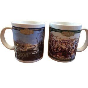 Currier & Ives Winter Scene Mugs Set Of 2 Americana Folk Art Coffee Cups Holiday